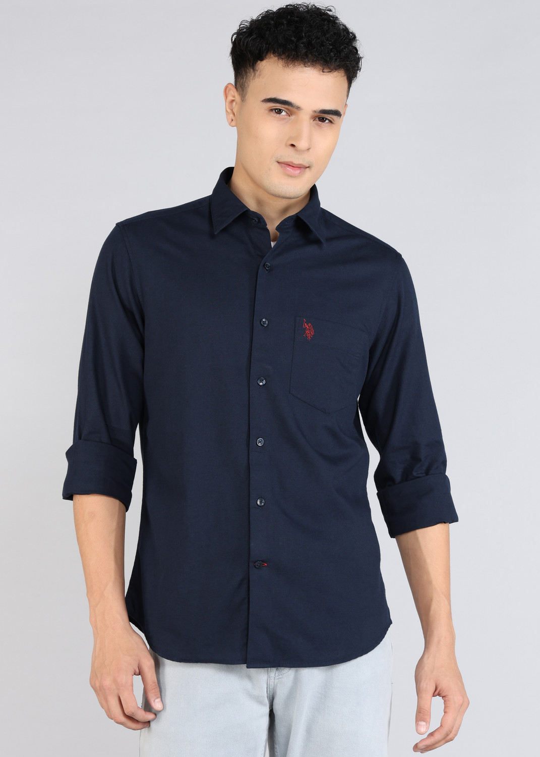 Image of U.S. POLO ASSN. Men Solid Casual Blue Shirt