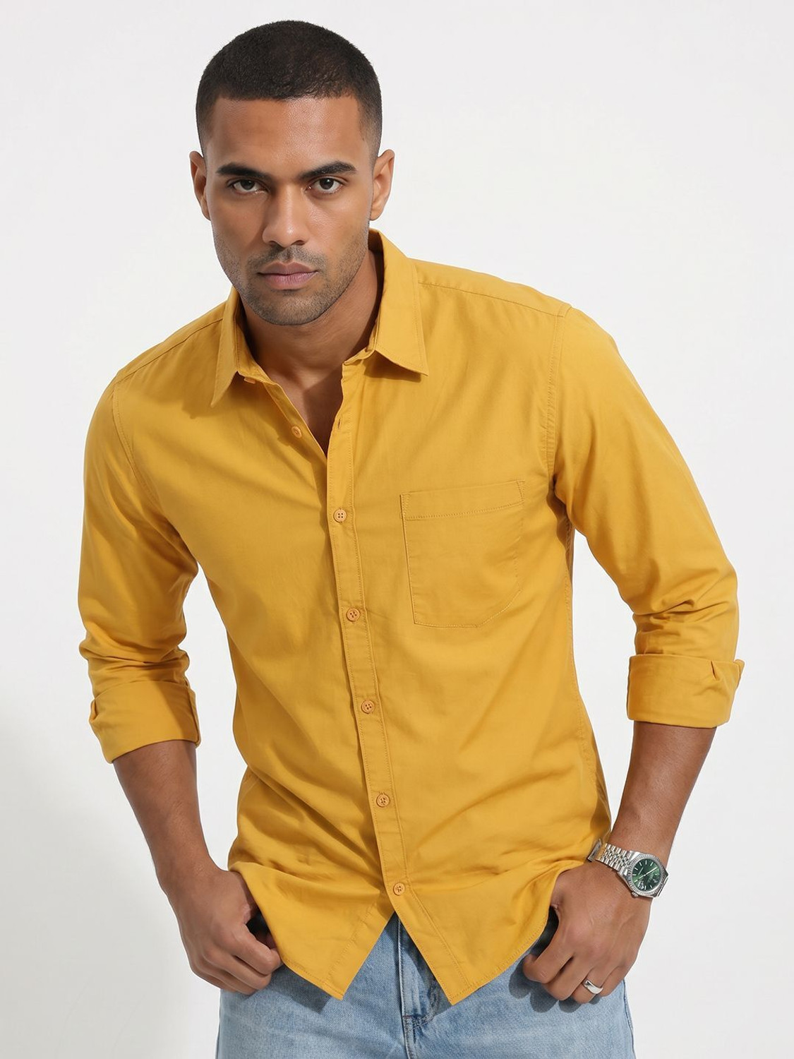 Image of Roadster Men Solid Casual Yellow Shirt