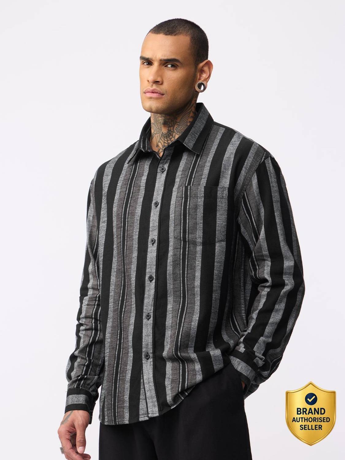 The Souled Store Men Striped Casual Black, Grey Shirt