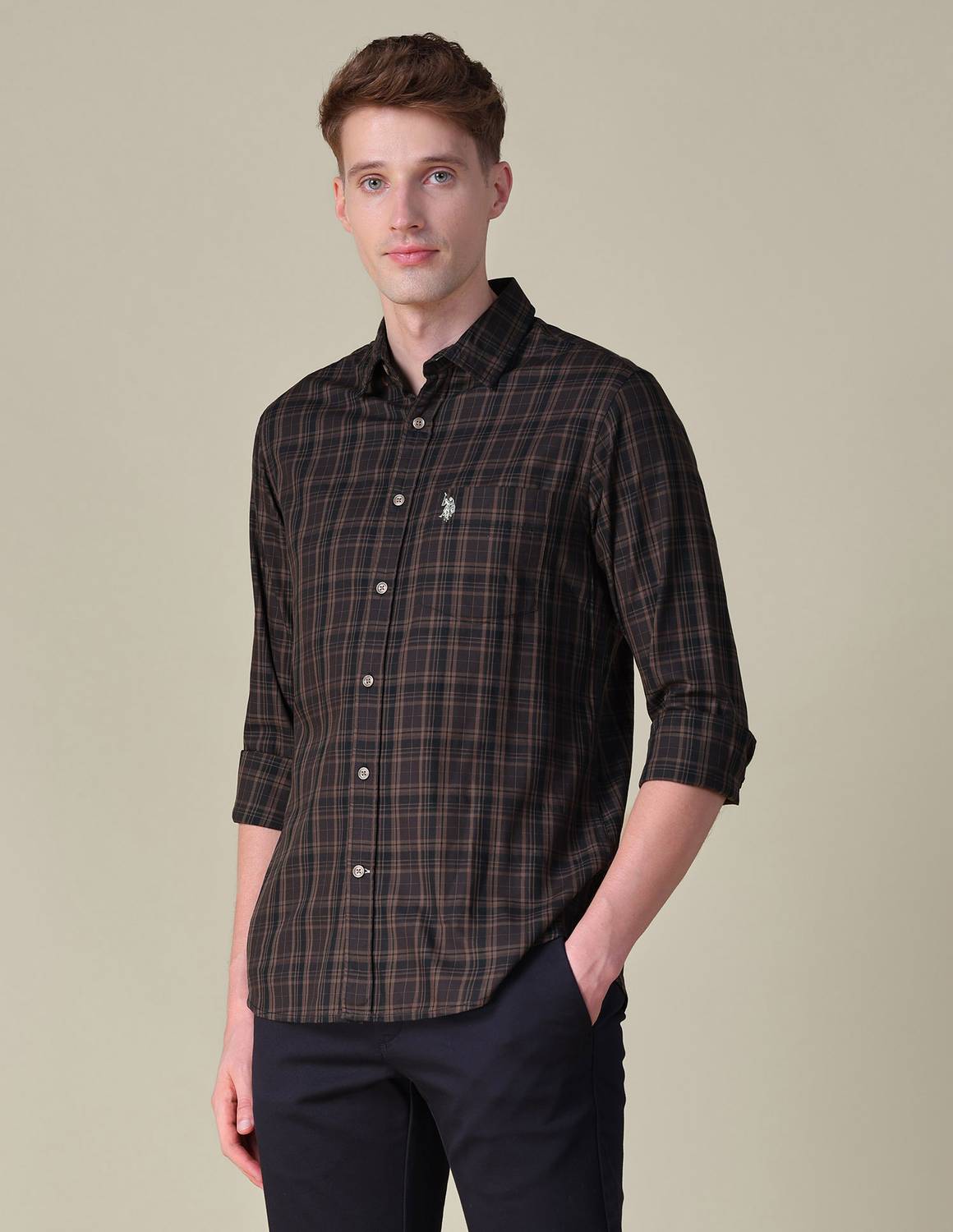 U.S. POLO ASSN. Men Brown Checkered Casual Shirt - Image 2