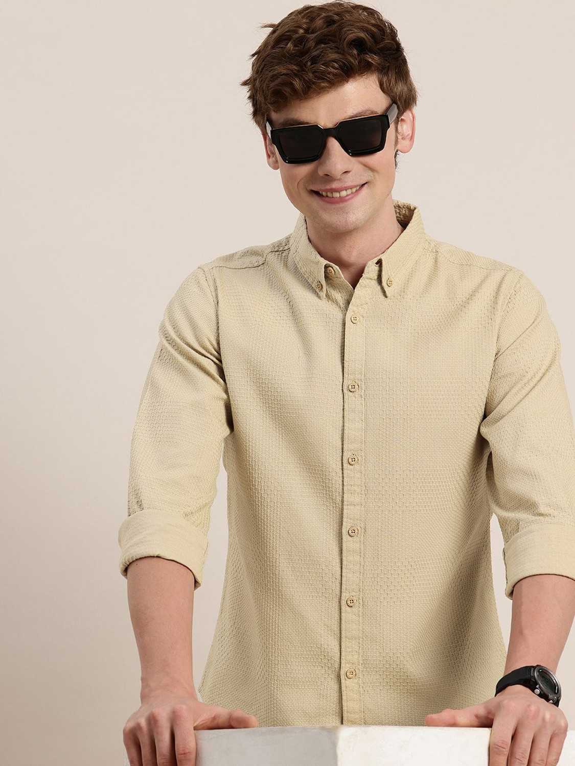 Image of HERE&NOW Men Self Design Casual Beige Shirt