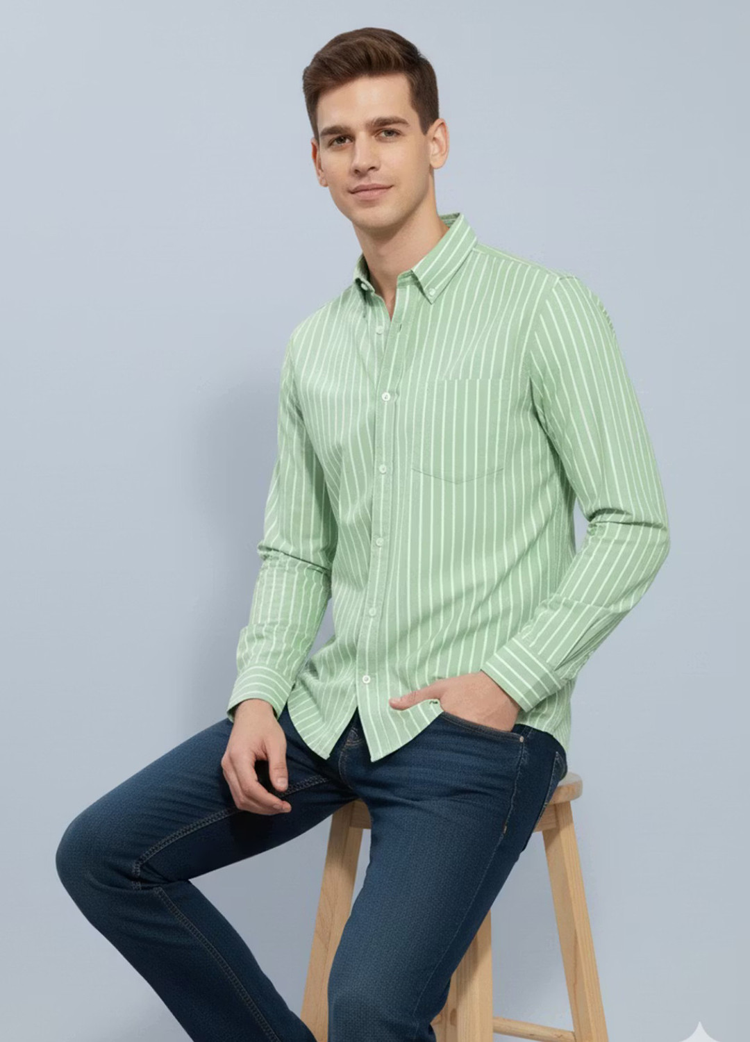 Image of METRONAUT Men Striped Casual Light Green Shirt