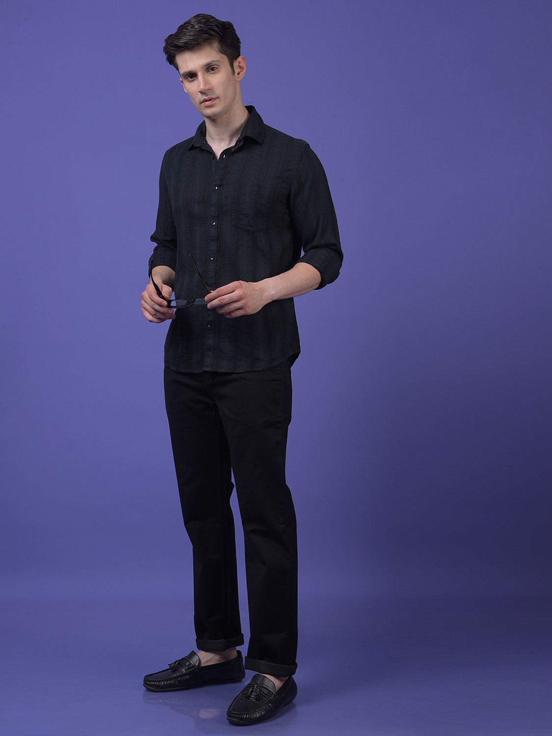 Image of CRIMSOUNE CLUB Men Self Design Casual Black Shirt