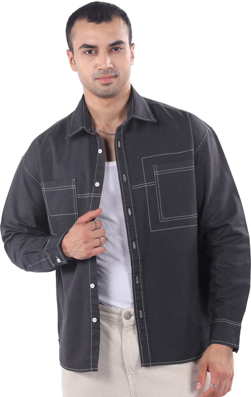 Image of BEYOUNG Men Solid Casual Grey Shirt