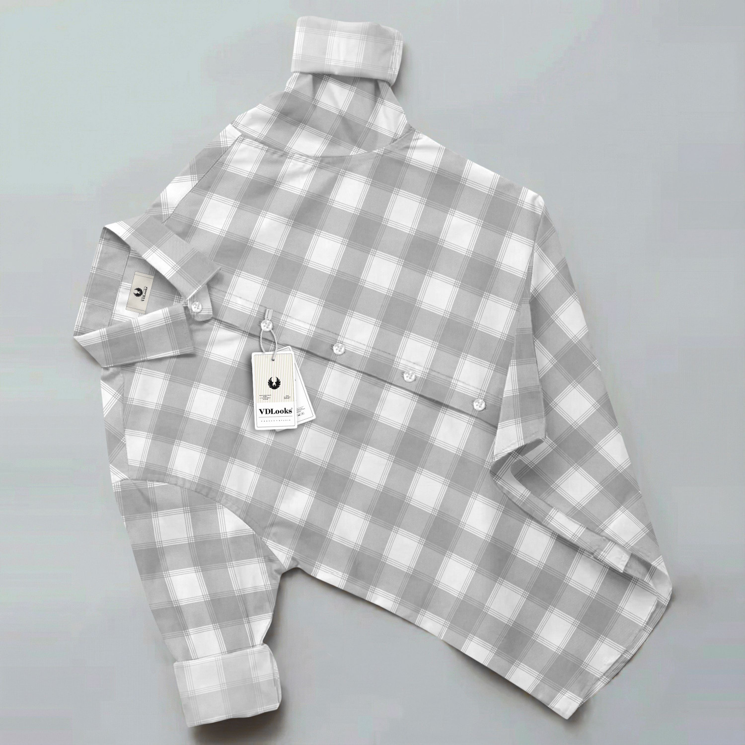 Image of VD Looks Men Checkered Casual Grey, White Shirt