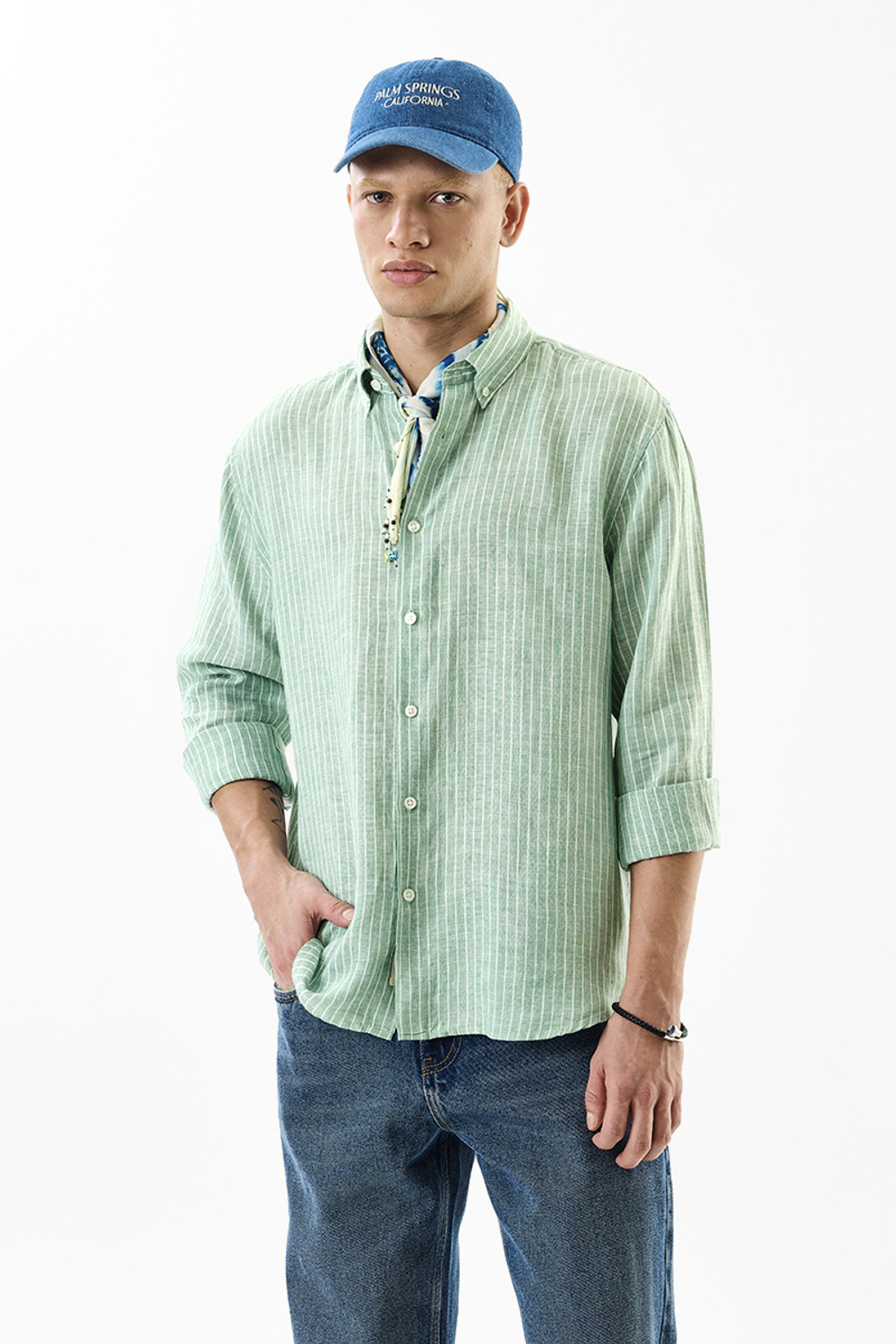 Image of Snitch Men Striped Casual Light Green Shirt