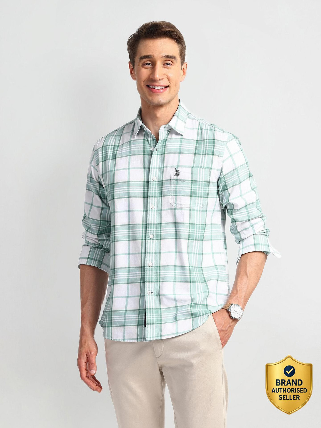 Image of U.S. POLO ASSN. Men Checkered Casual Green, White Shirt