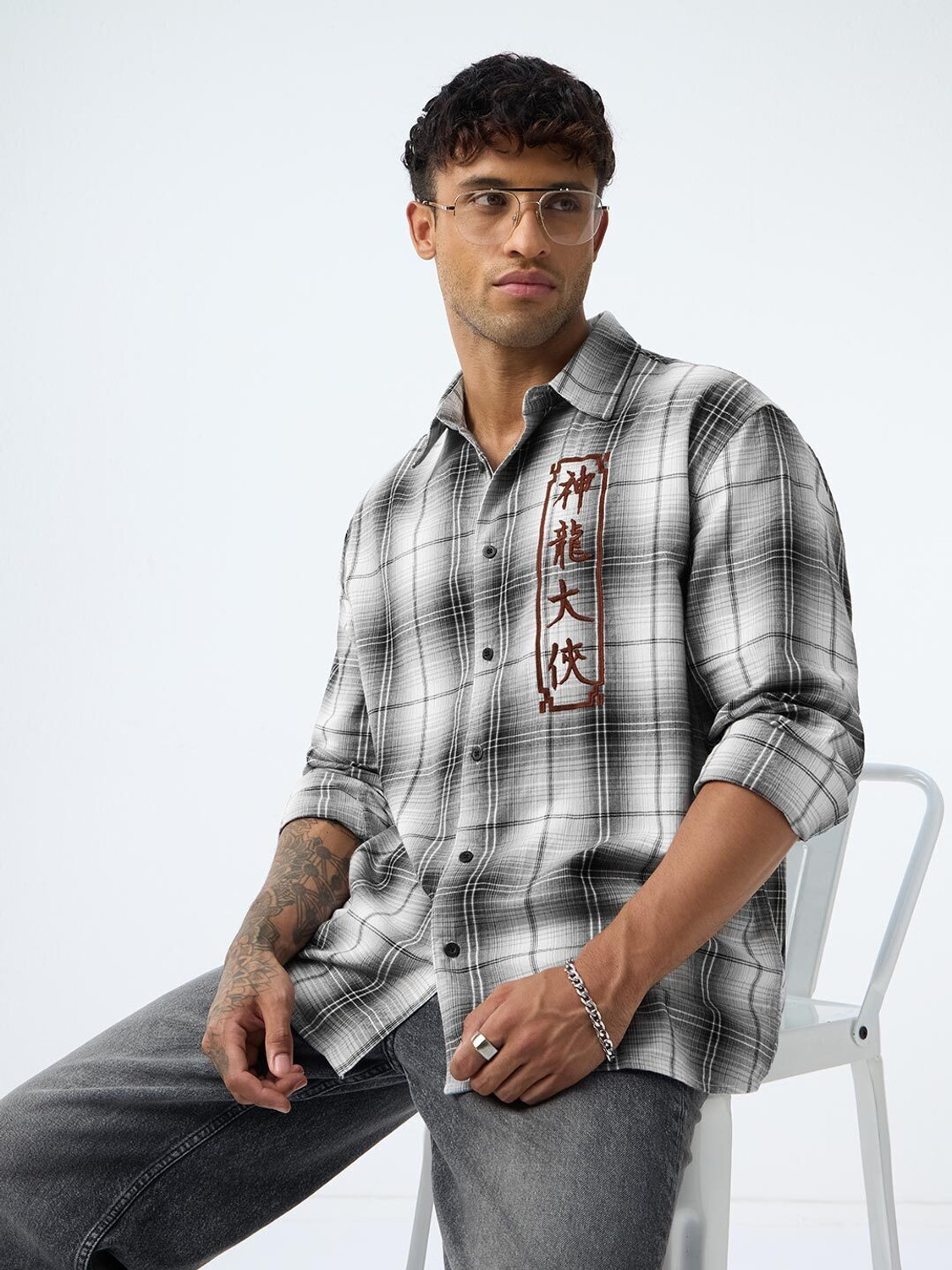 Image of The Souled Store Men Checkered Casual Grey Shirt