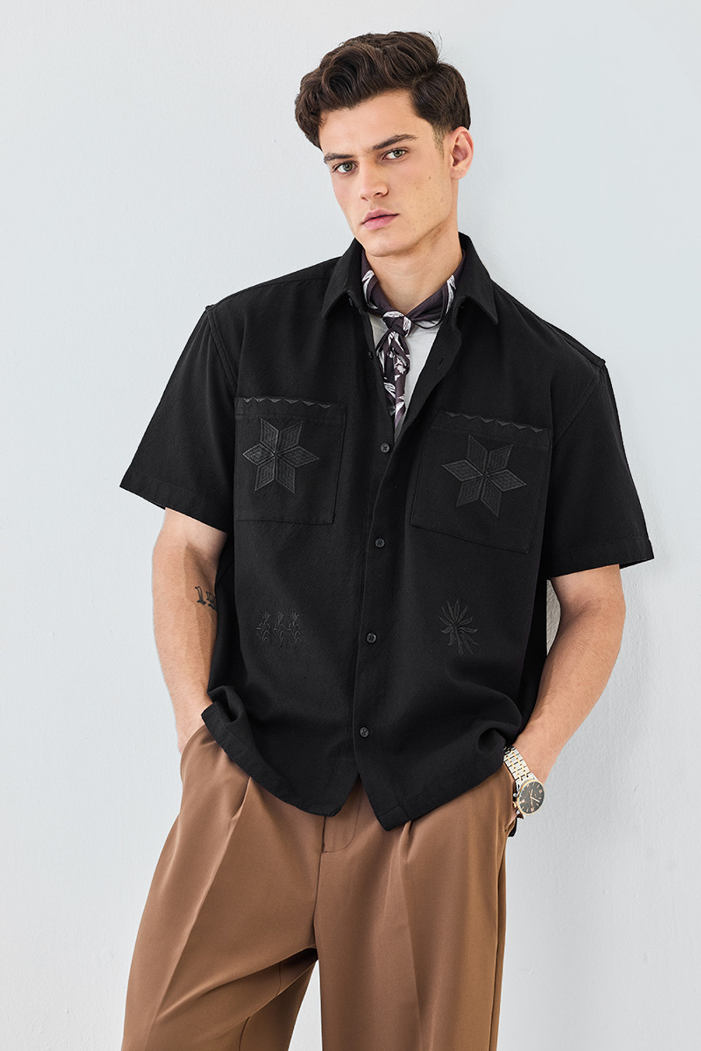 Image of Snitch Men Embroidered Casual Black Shirt