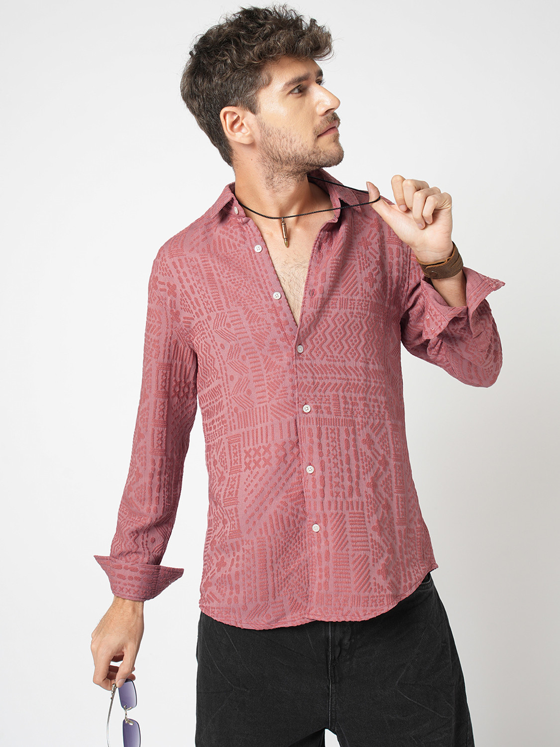 Image of VASTRADO Men Self Design Casual Pink Shirt
