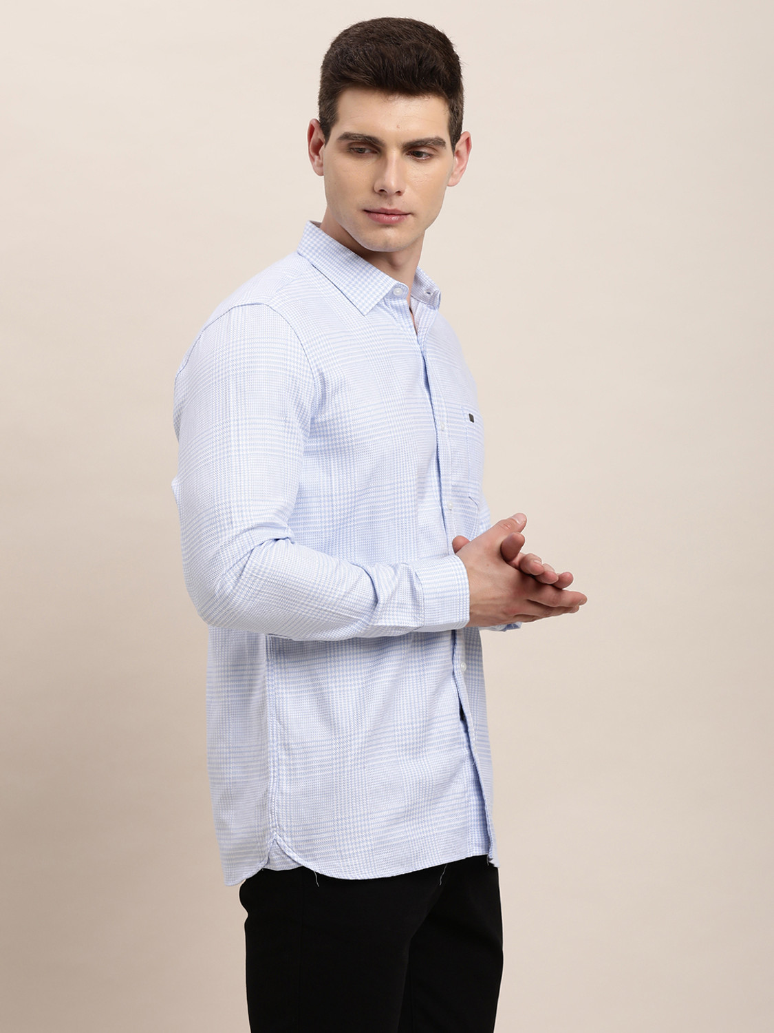 Image of TURTLE Men Checkered Casual Light Blue Shirt