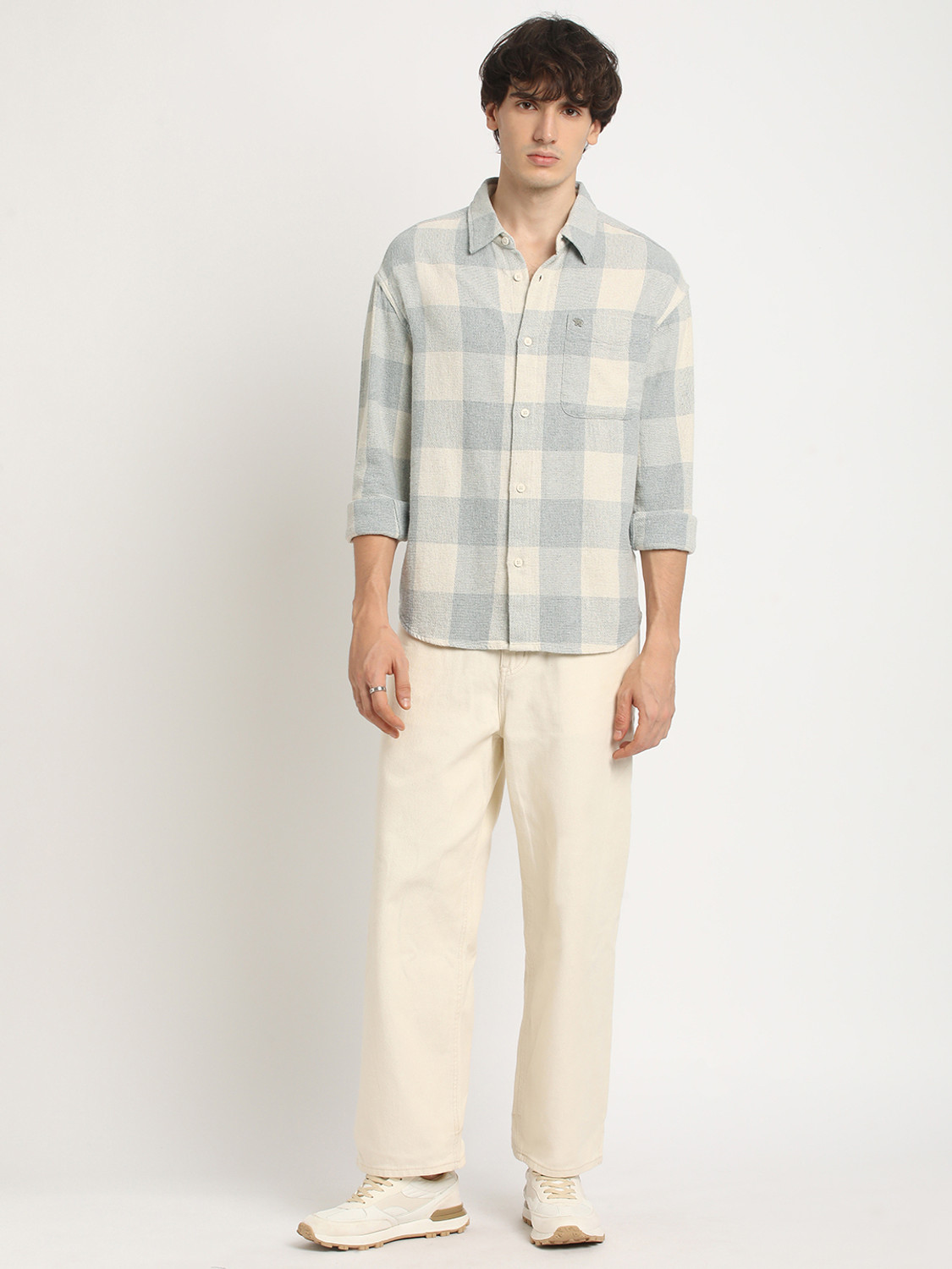 Image of THE BEAR HOUSE Men Checkered Casual Grey Shirt
