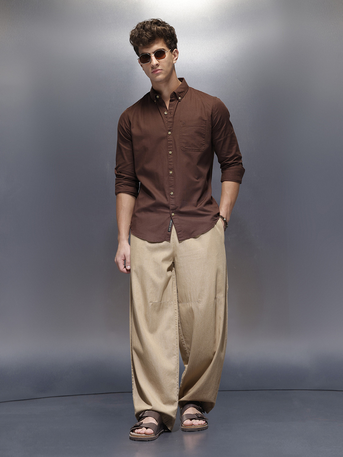 Image of WROGN Men Solid Casual Brown Shirt