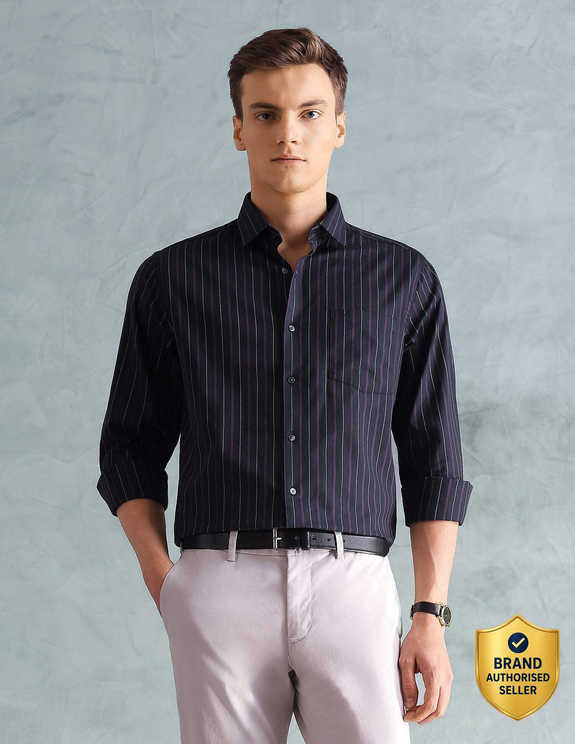 Image of ARROW Men Striped Formal Blue Shirt
