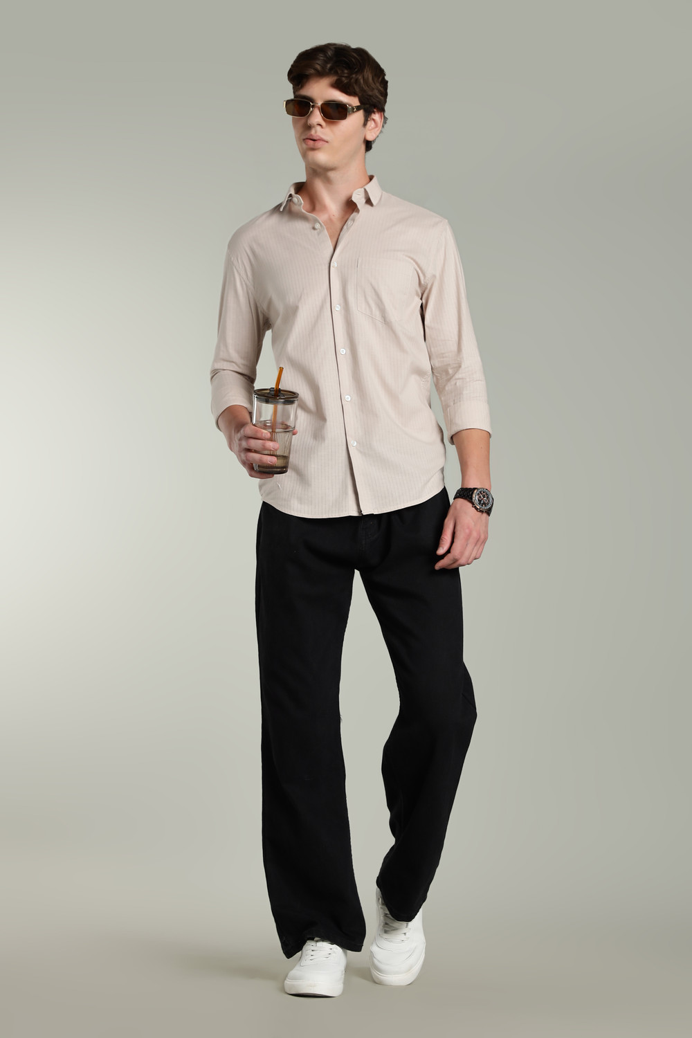 Image of Paul Street Men Striped Casual Beige Shirt