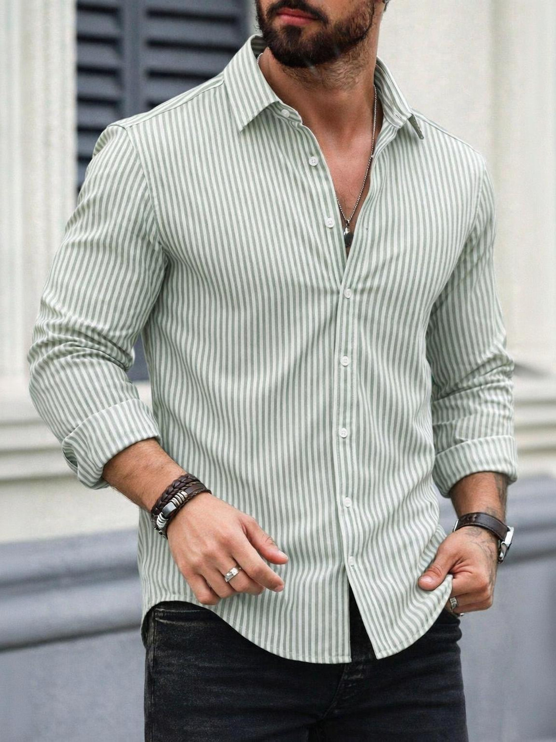 Image of METRONAUT Men Striped Casual Light Green Shirt
