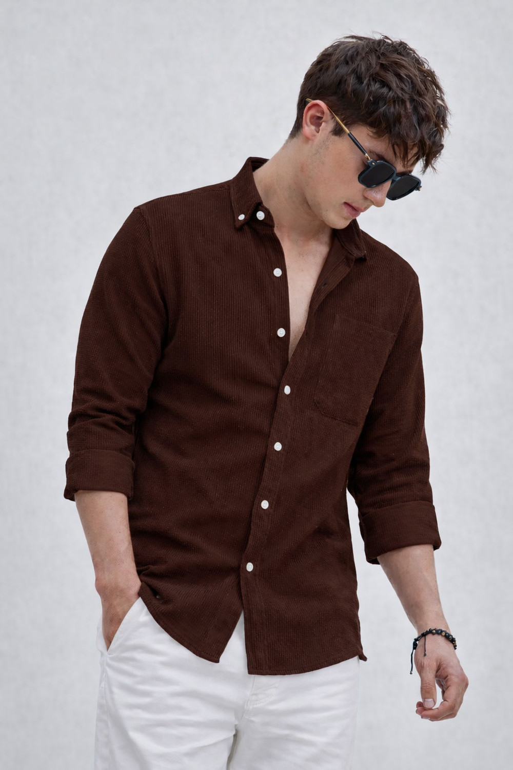 Image of COMBRAIDED Men Self Design Casual Brown Shirt