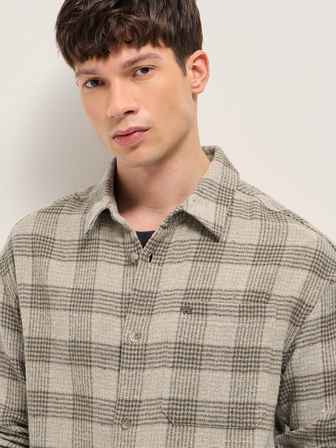 Image of THE BEAR HOUSE Men Checkered Casual Beige Shirt
