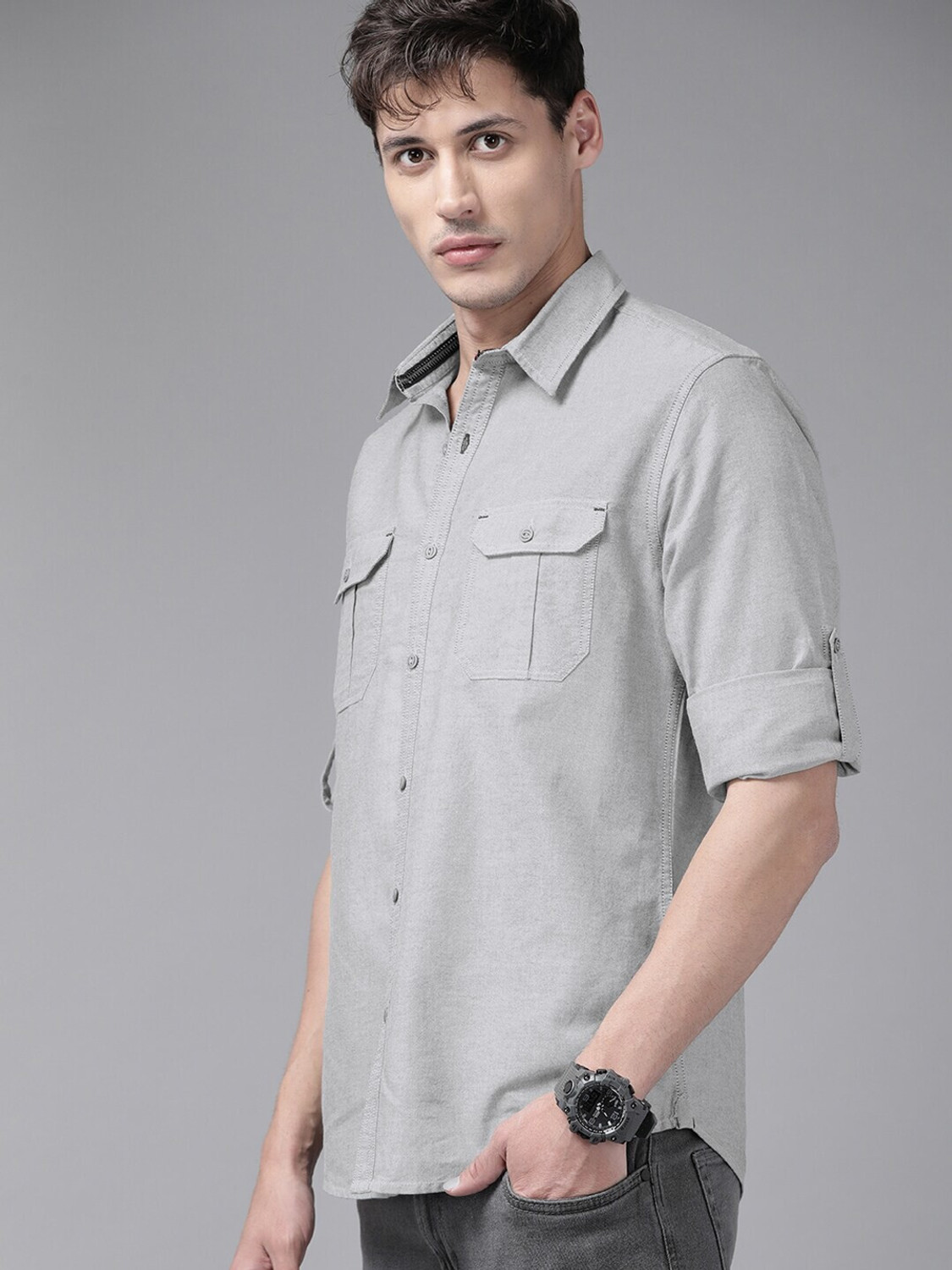 Image of Roadster Men Solid Casual Grey Shirt
