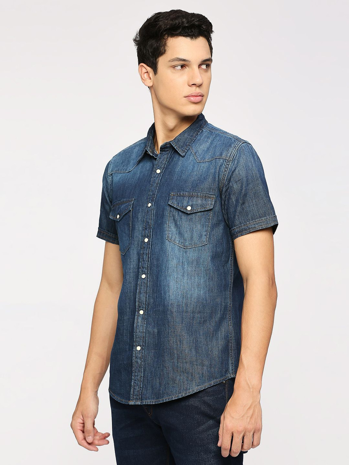 Image of Pepe Jeans Men Washed Casual Blue Shirt