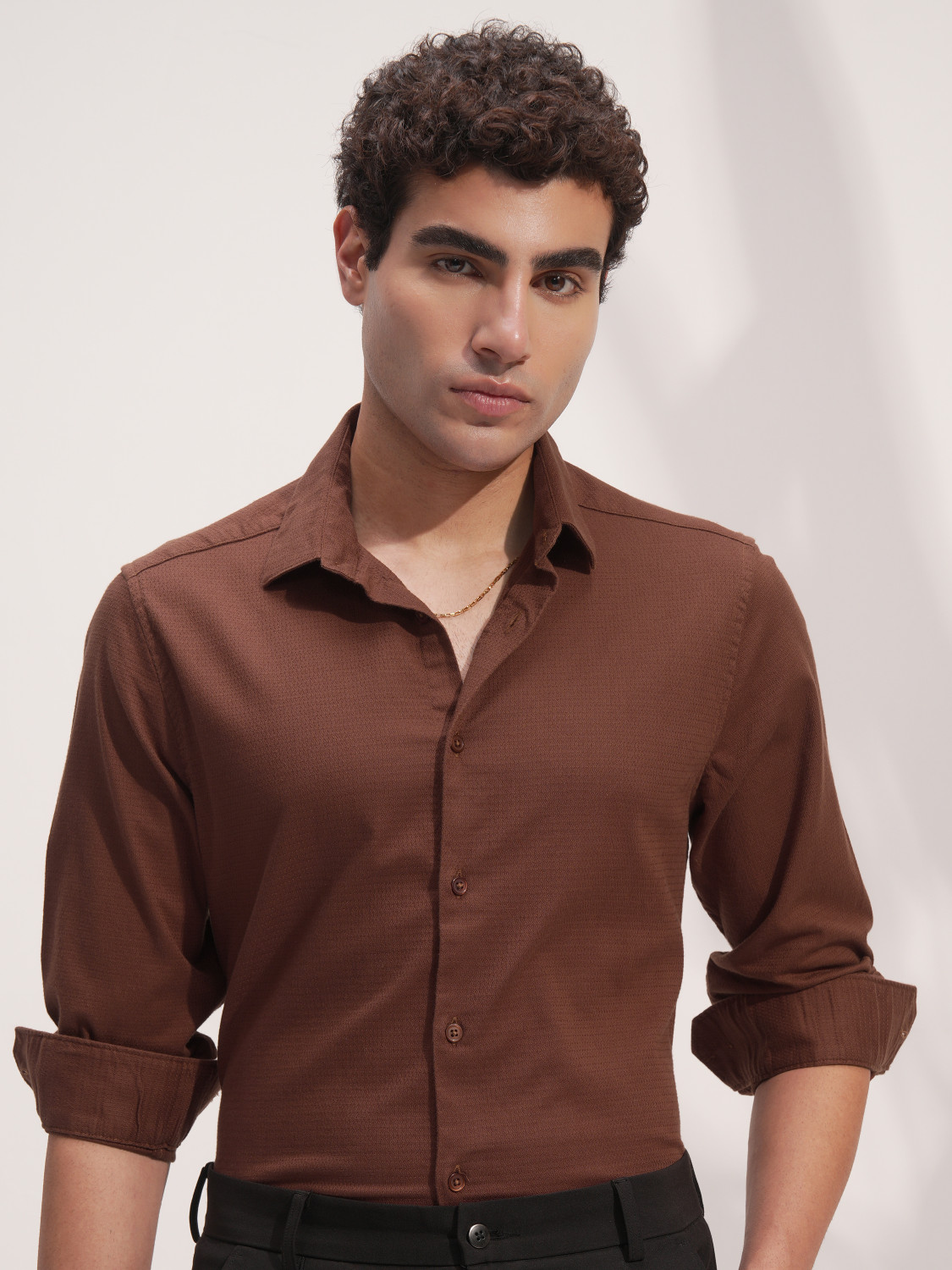 Image of HIGHLANDER Men Solid Casual Brown Shirt