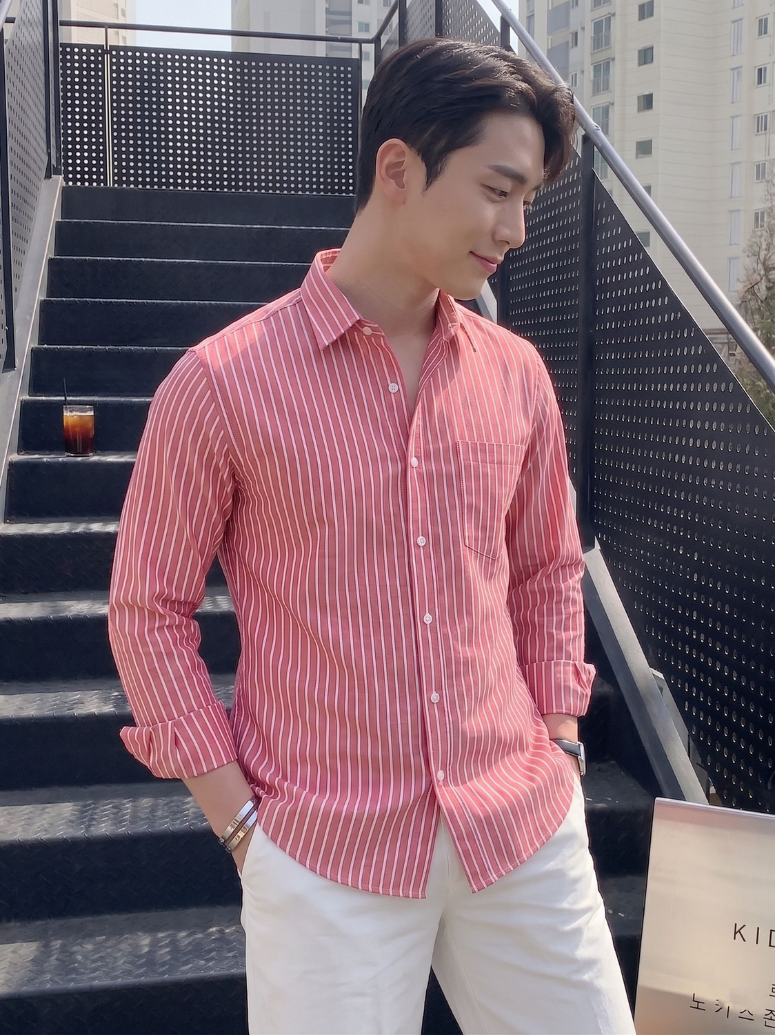 Image of indossare Men Striped Casual Pink Shirt