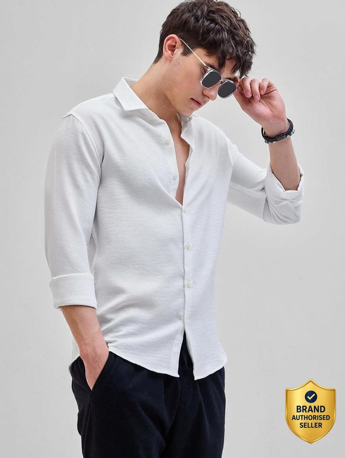 Image of Snitch Men Solid Casual White Shirt