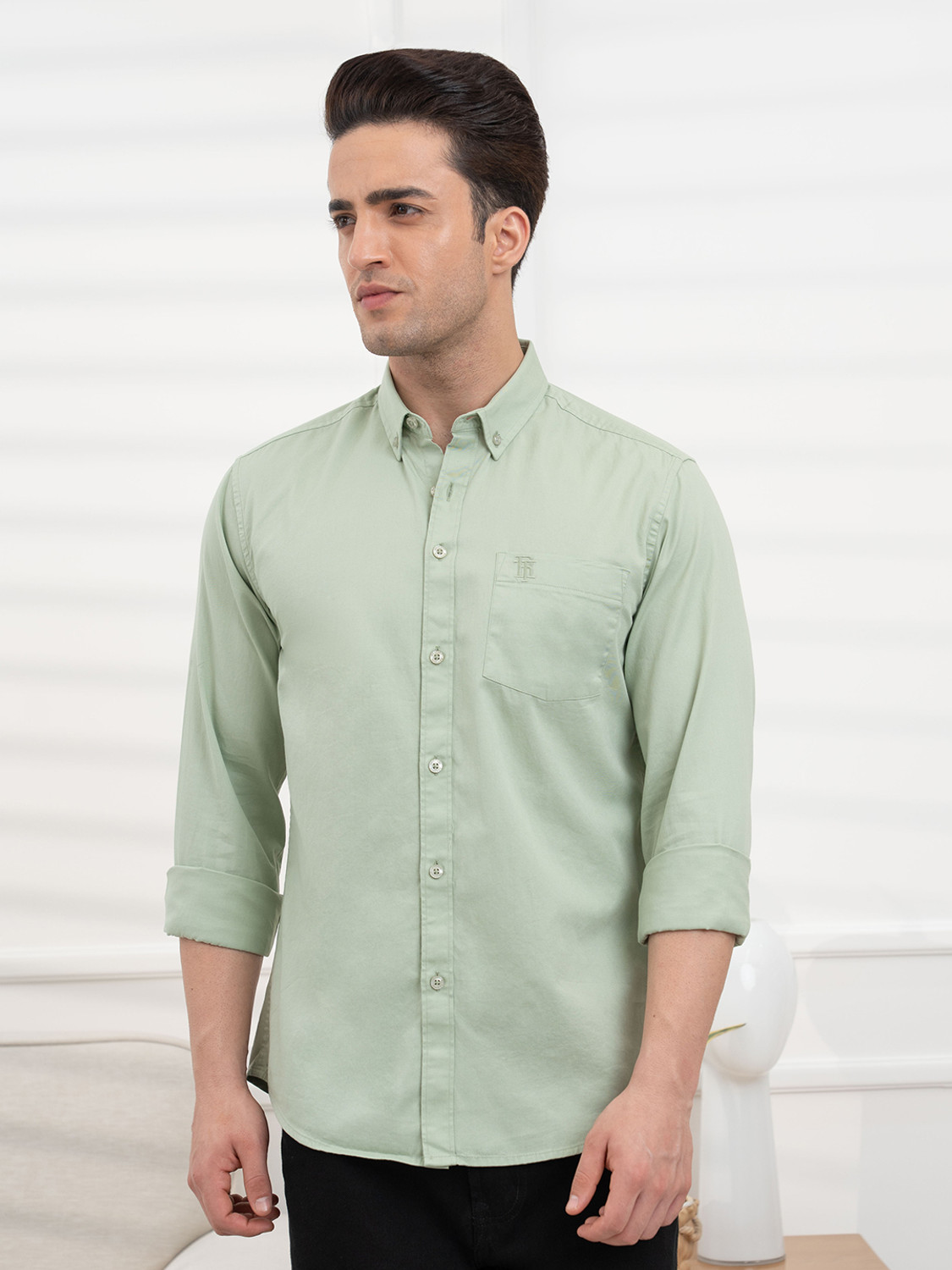 Image of RED TAPE Men Solid Casual Light Green Shirt