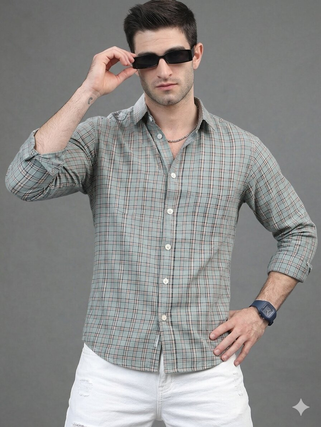 Image of Roadster Men Checkered Casual Light Green Shirt