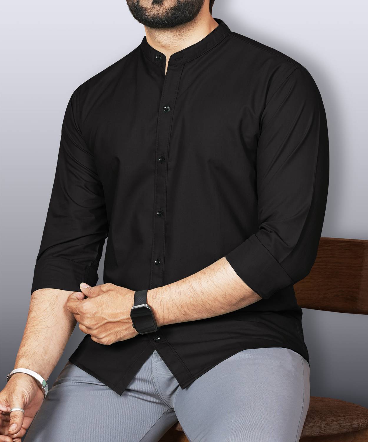 VeBNoR Men Regular Fit Solid Mandarin Collar Casual Shirt