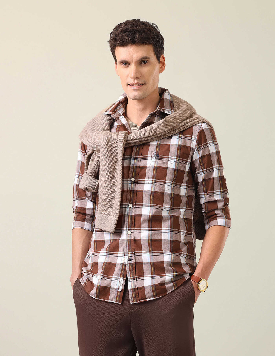Image of U.S. POLO ASSN. Men Tailored Fit Checkered Spread Collar Casual Shirt