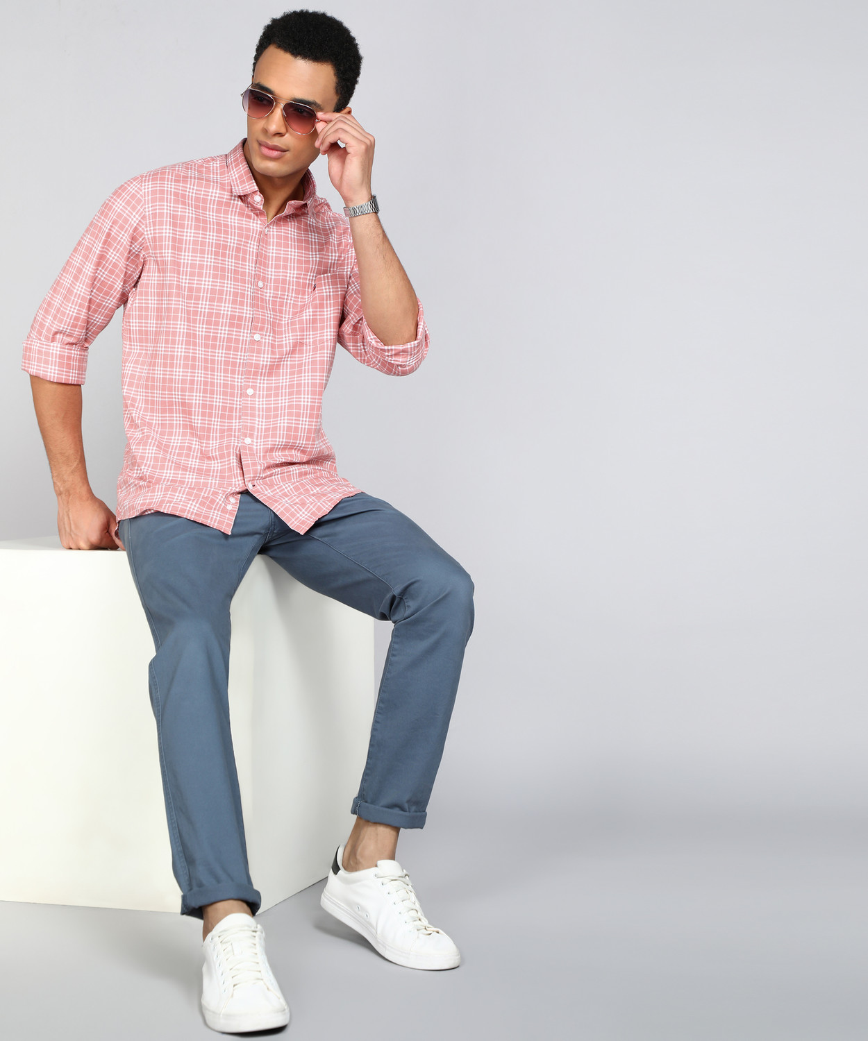 Image of Louis Philippe Sport Men Checkered Casual Pink Shirt