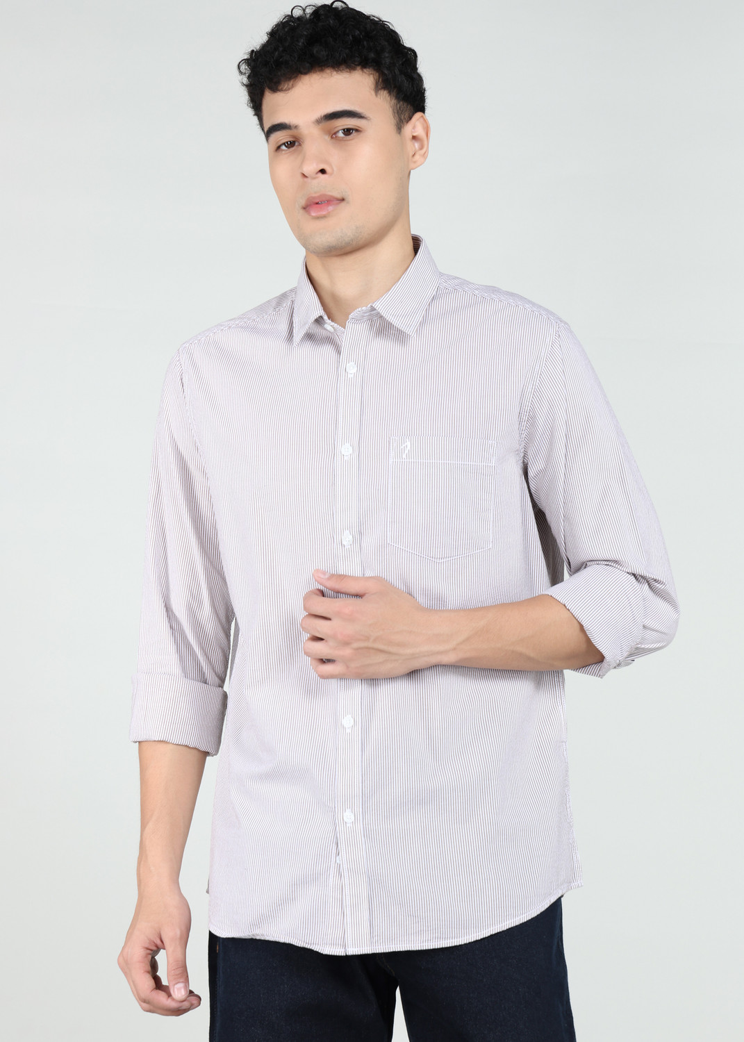 Image of INDIAN TERRAIN Men Striped Casual Brown Shirt