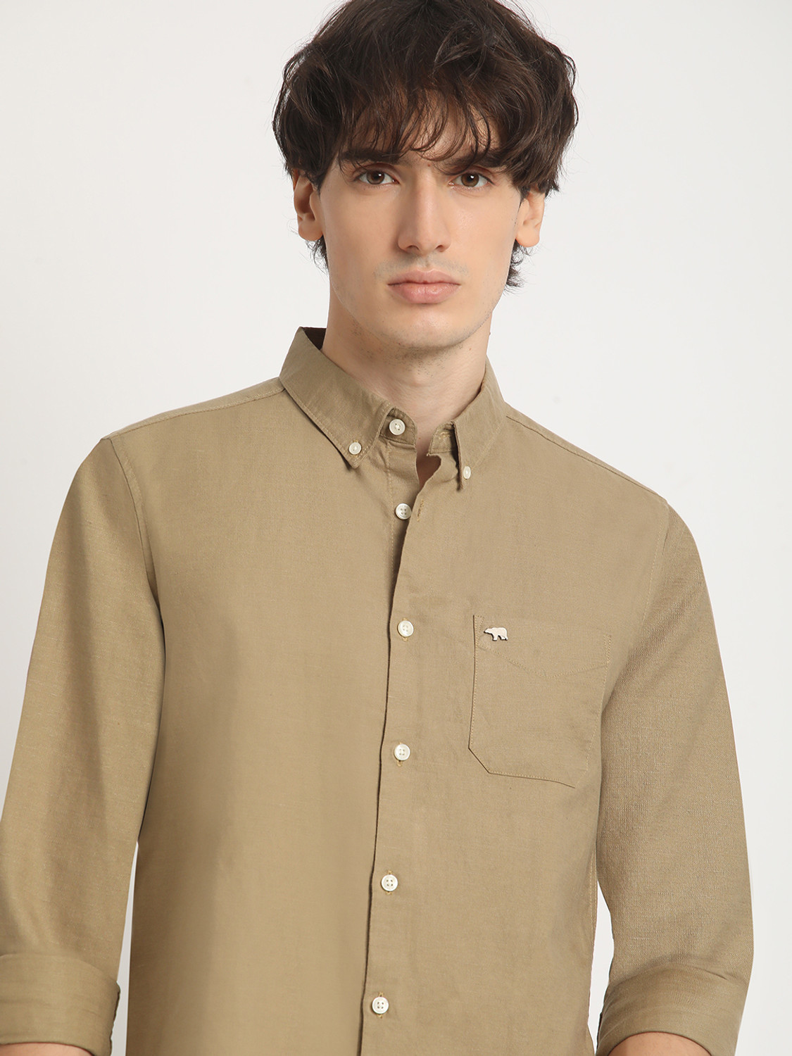 Image of THE BEAR HOUSE Men Solid Casual Beige Shirt