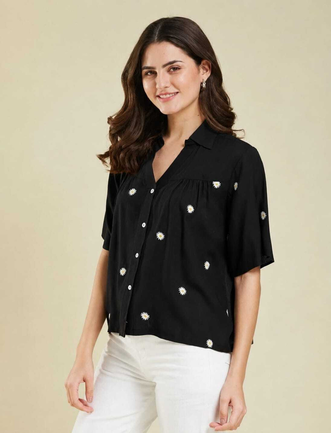 Image of ME AND FOX Women Embroidered Casual Black Shirt