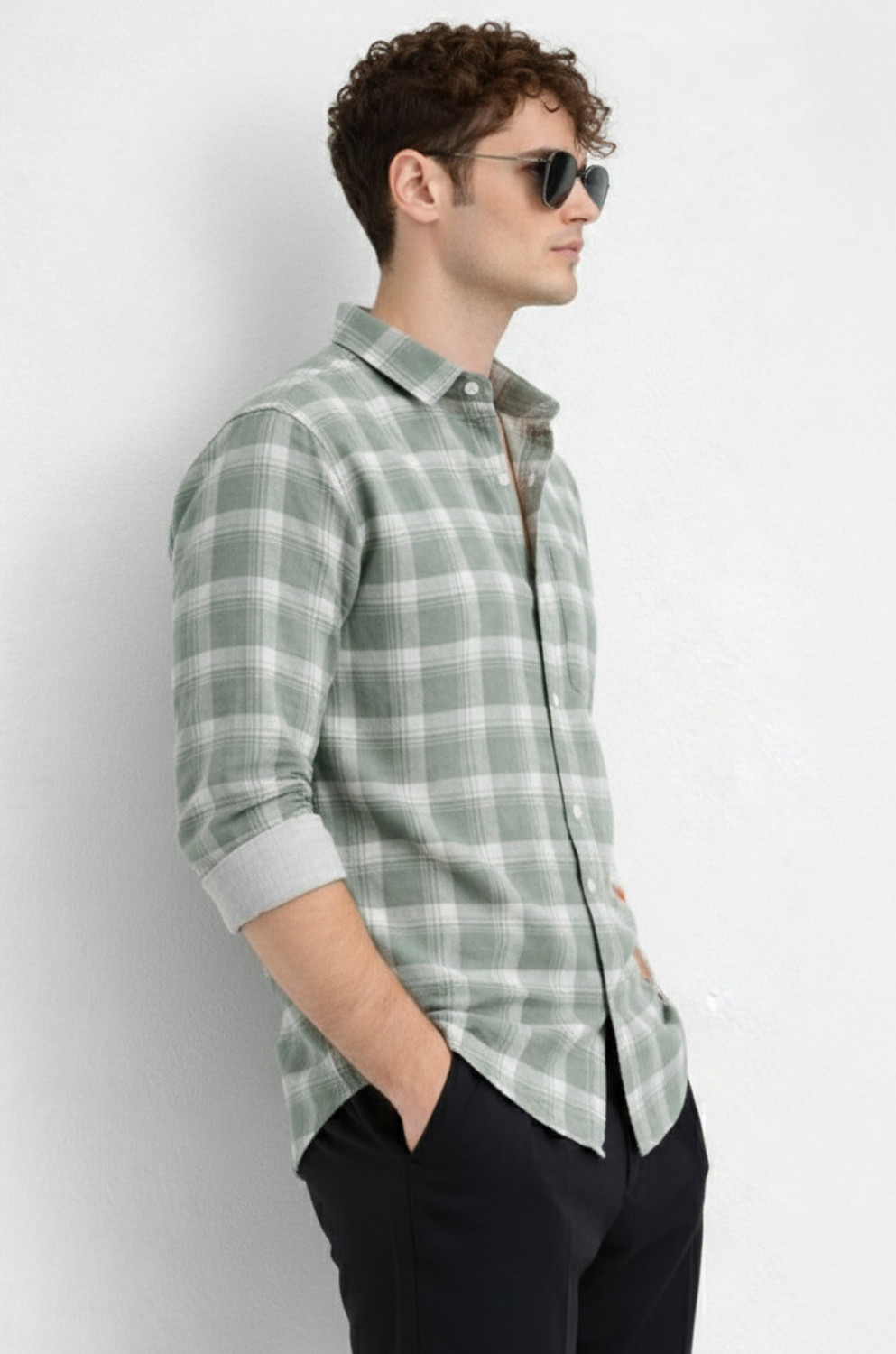 Image of OTUS Men Checkered Casual Green Shirt