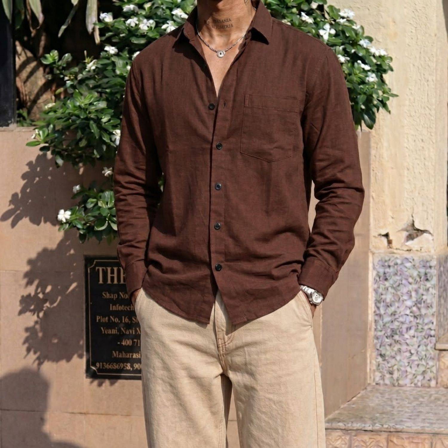 JERRY AND HANPHIL Men Solid Casual Brown Shirt