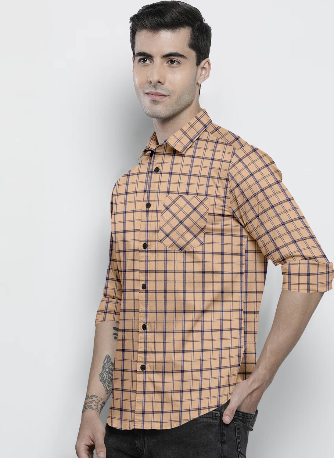 ALAIN CHIC Men Checkered Casual Beige, Dark Blue Shirt