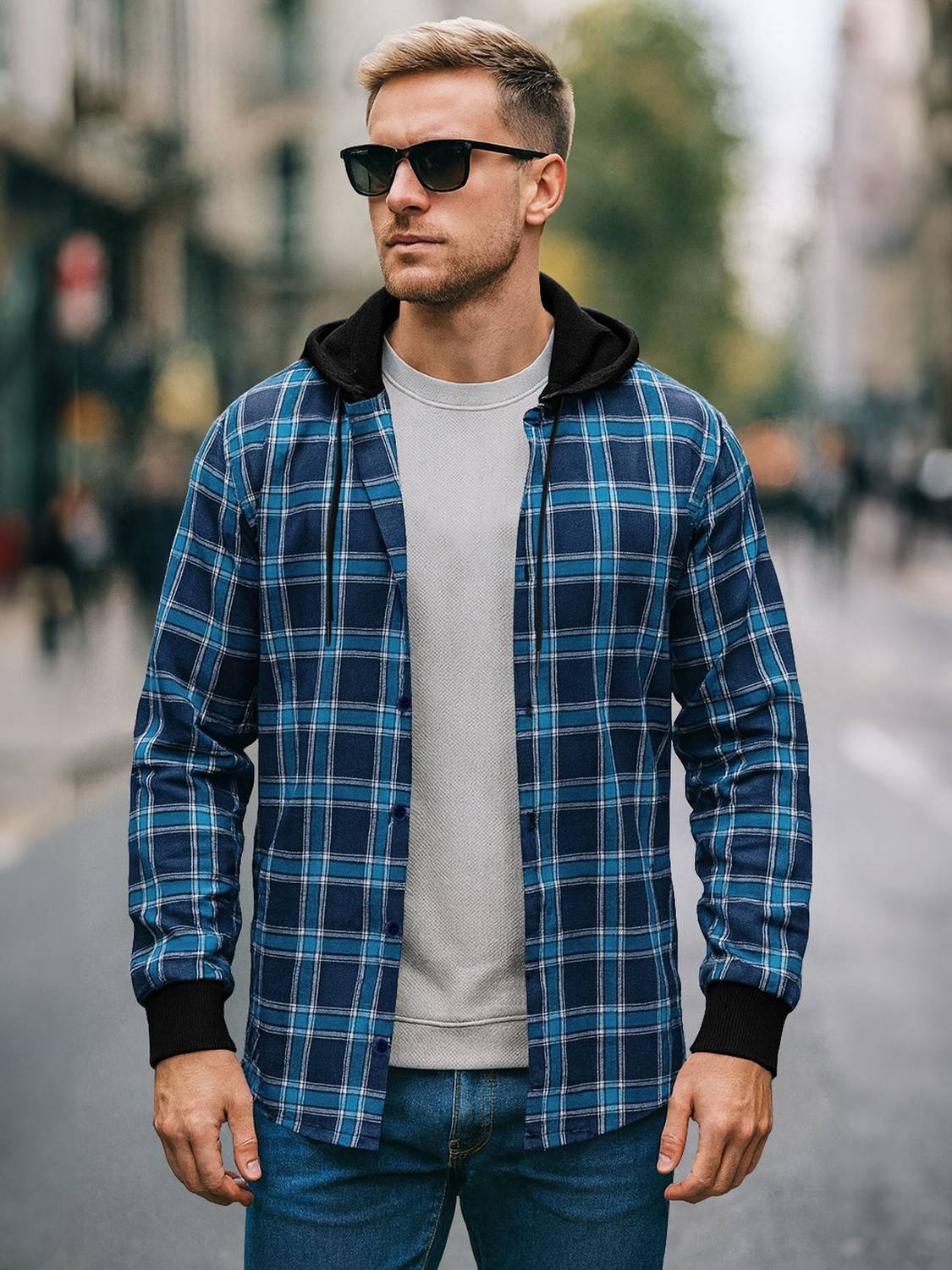 EyeBogler Men Regular Fit Checkered Hood Collar Casual Shirt