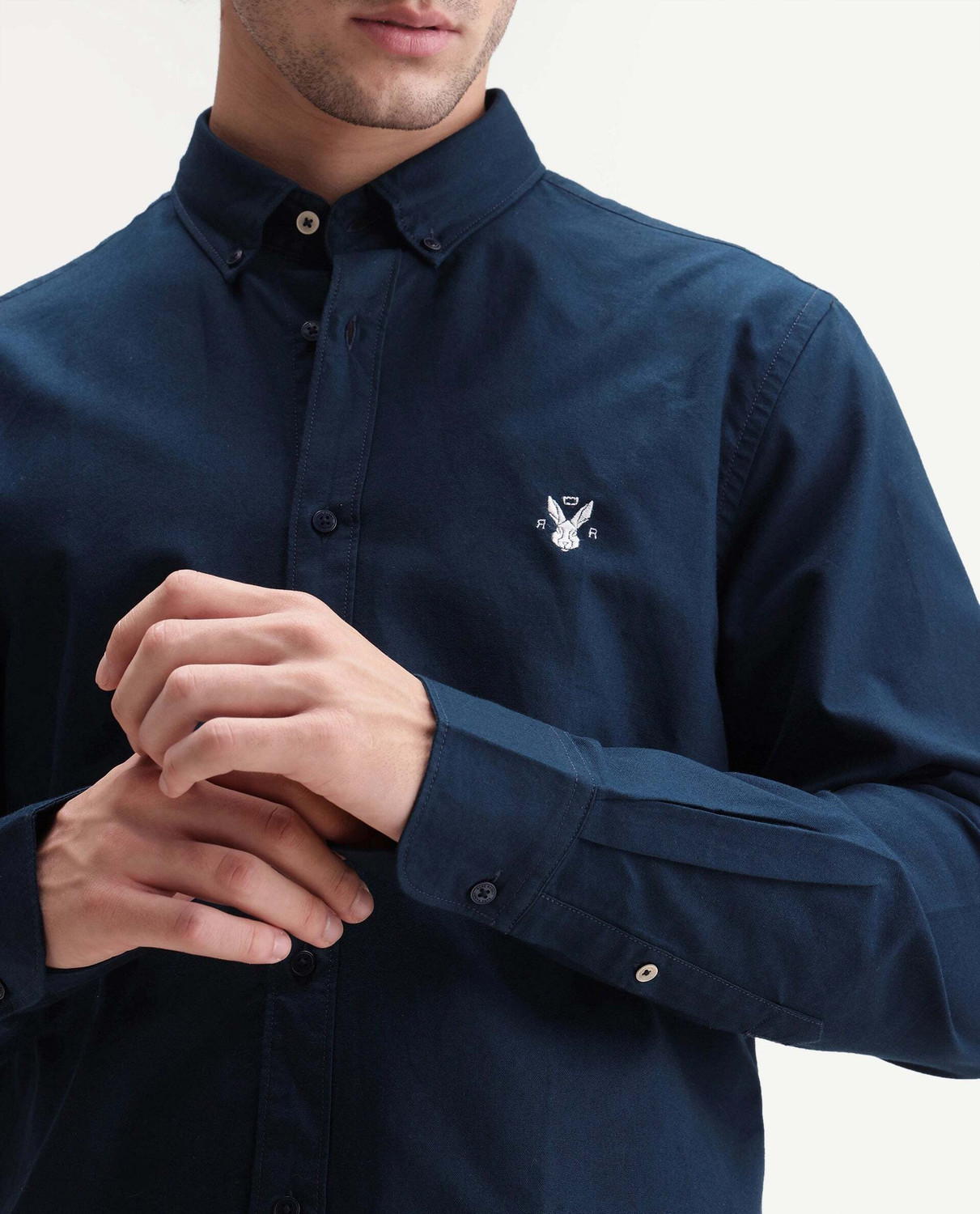Image of RARE RABBIT Men Solid Casual Dark Blue Shirt