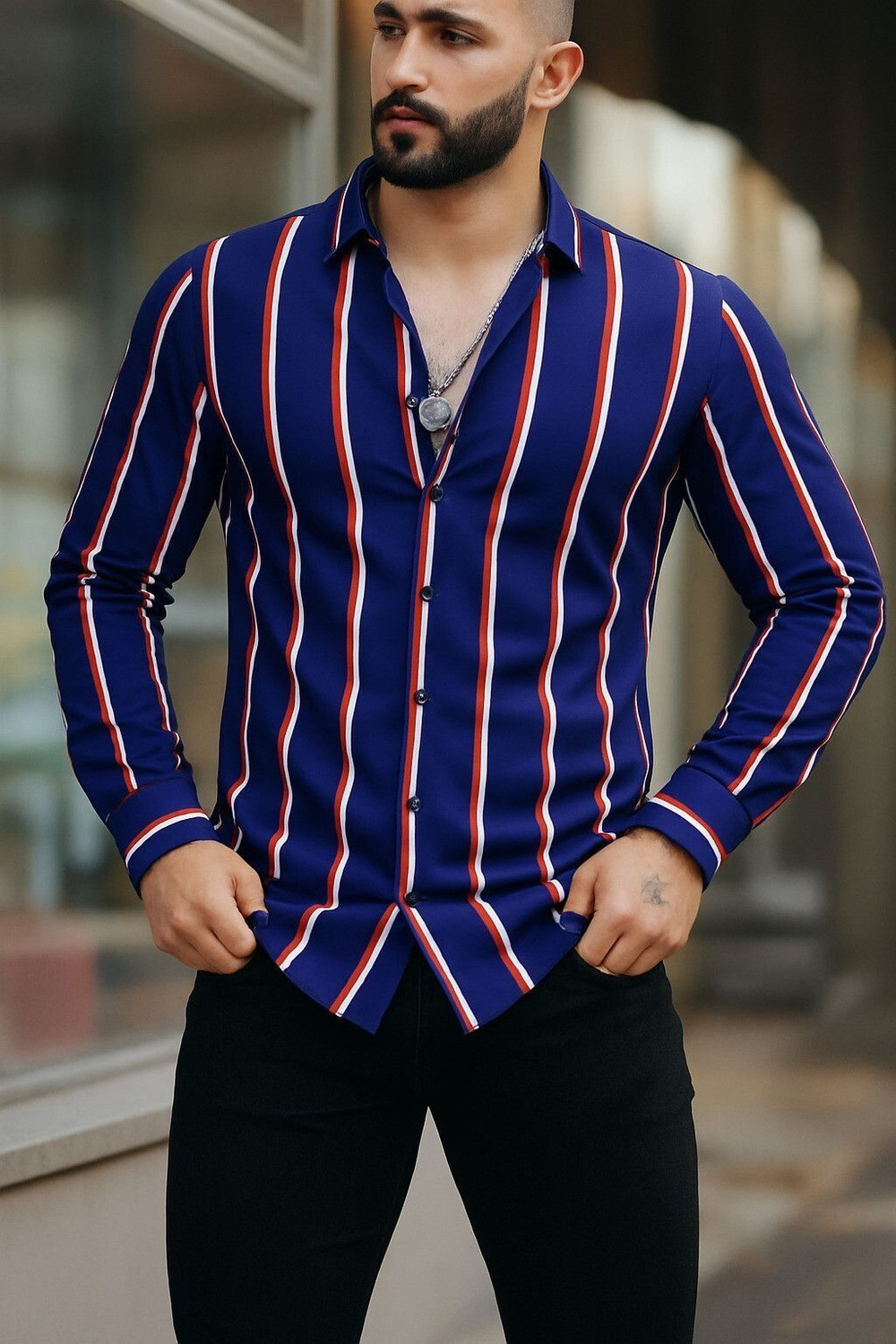 Image of COMBRAIDED Men Striped Casual Blue Shirt