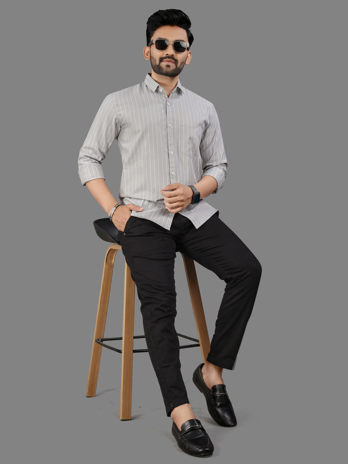 Image of MILDIN Men Striped Formal Grey Shirt