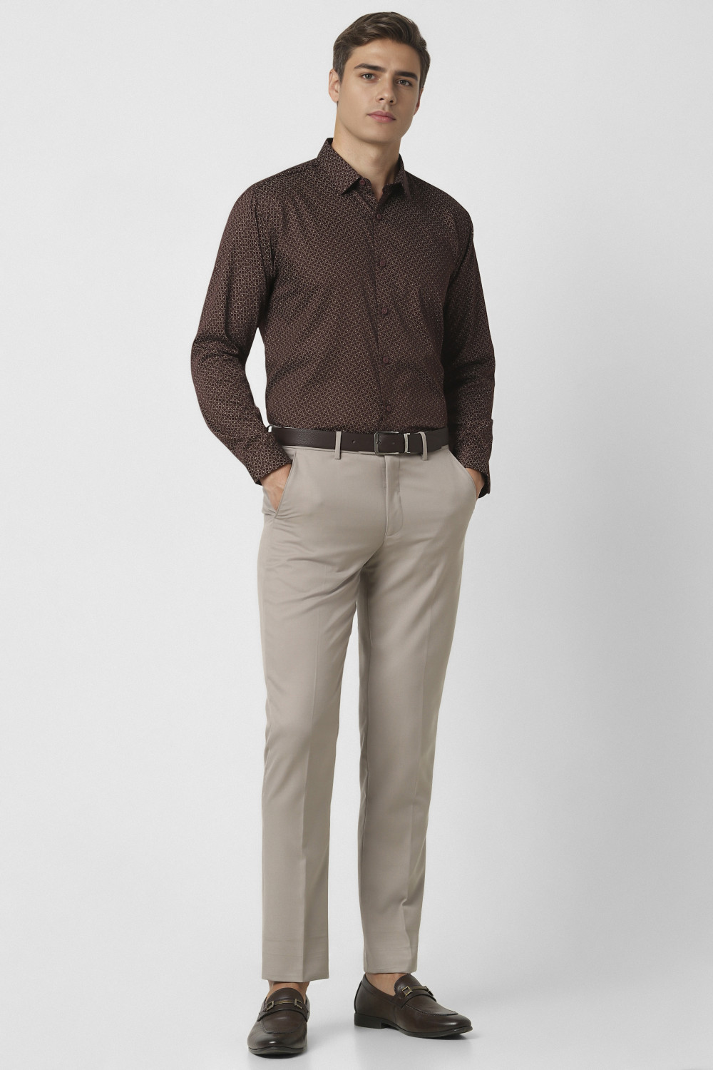 Image of VAN HEUSEN Men Printed Party Brown Shirt