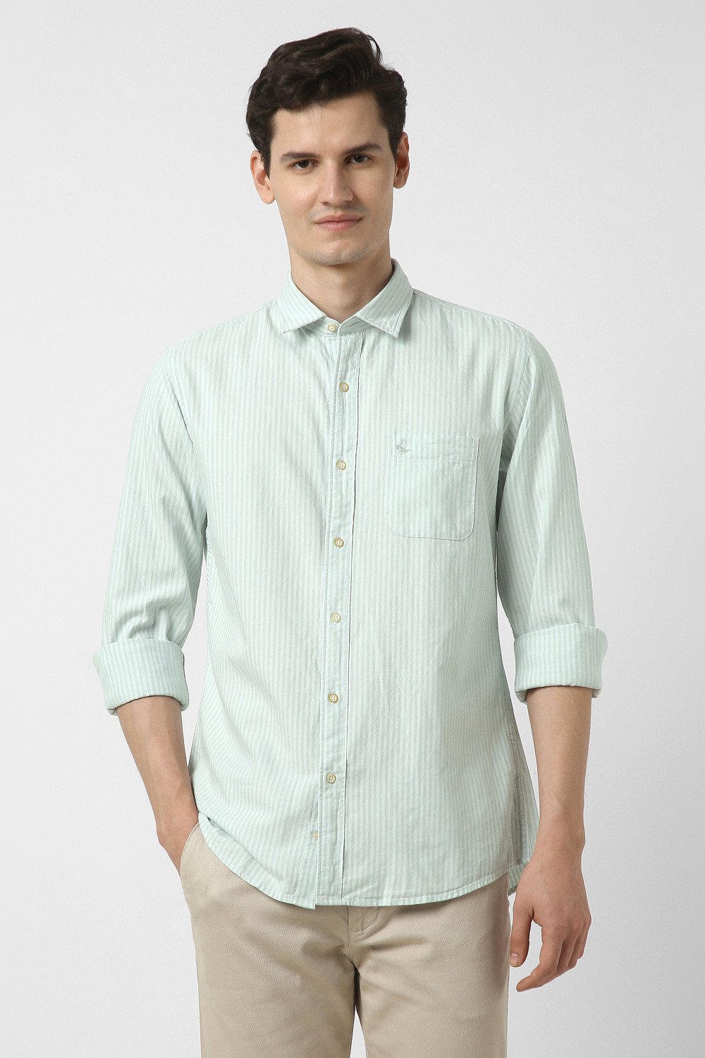 Image of PETER ENGLAND Men Striped Casual Light Green Shirt