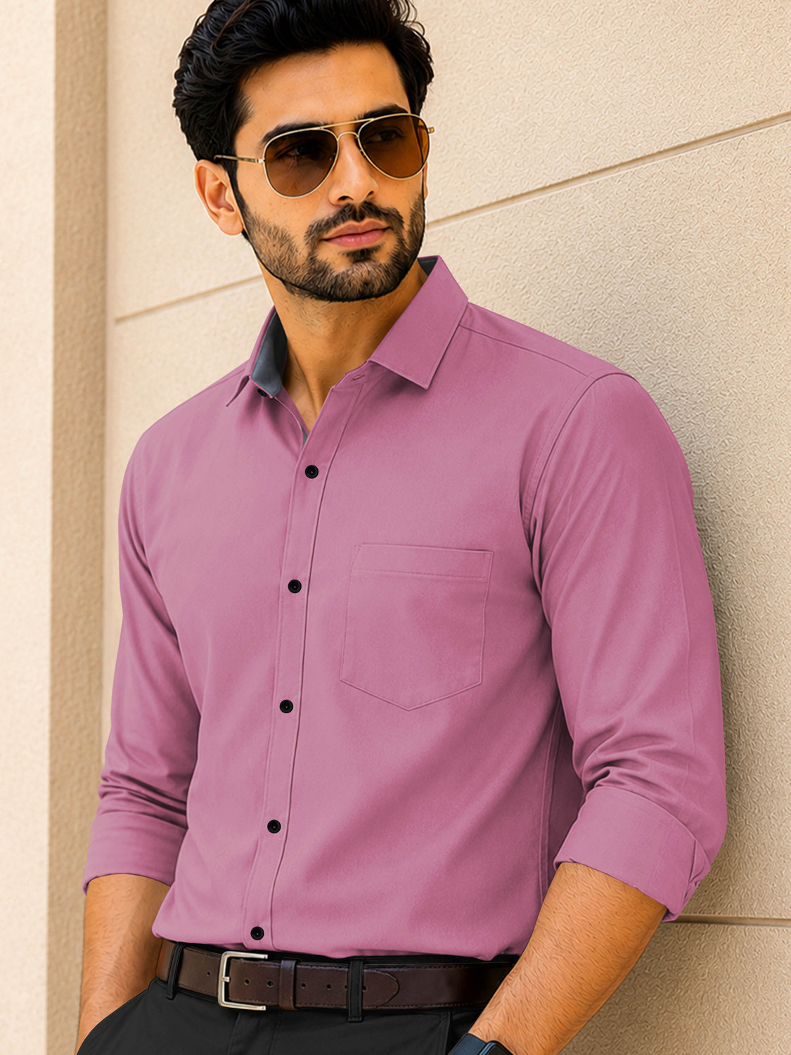 Image of VeBNoR Men Solid Casual Pink Shirt