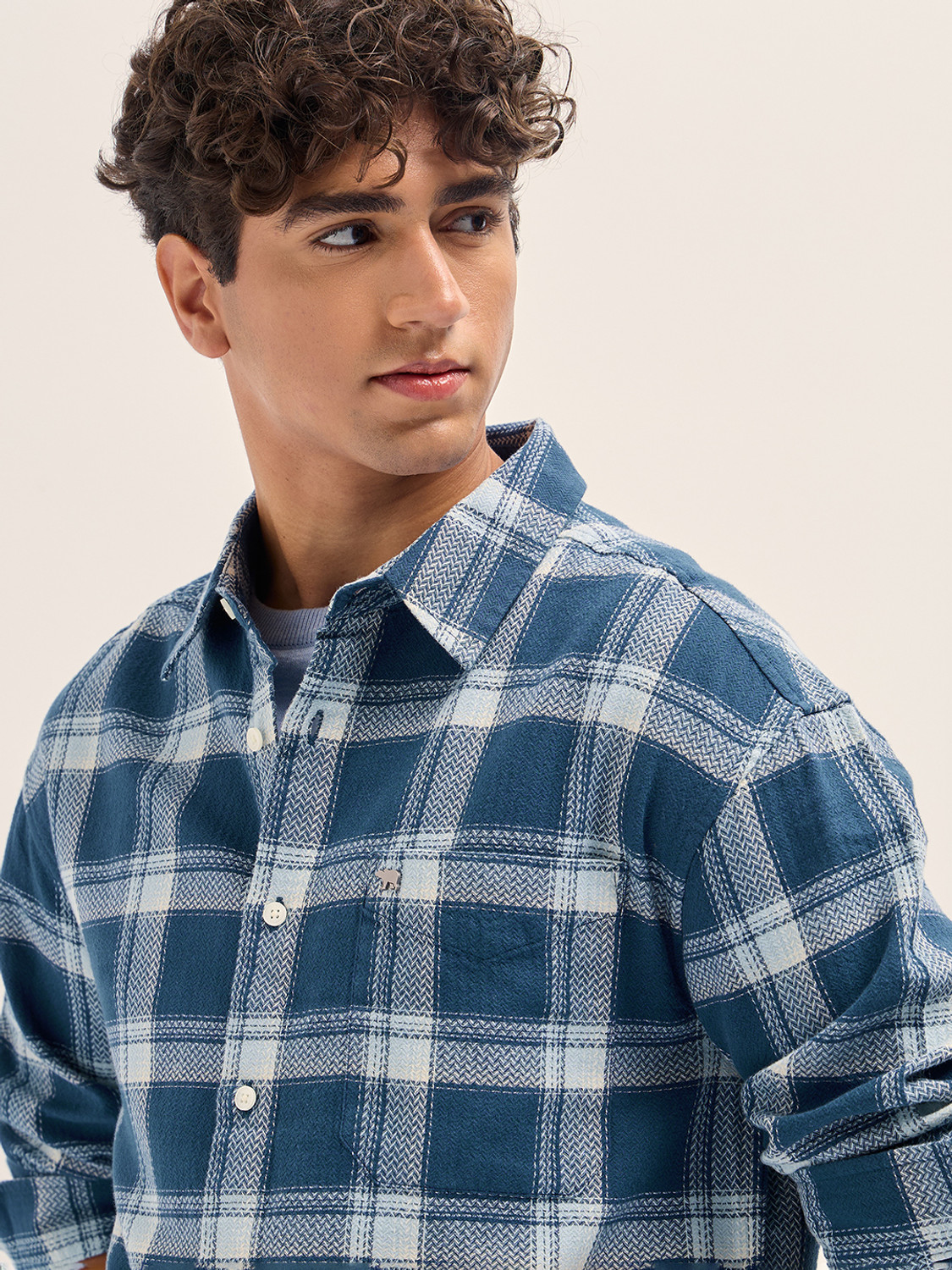 Image of THE BEAR HOUSE Men Checkered Casual Blue Shirt