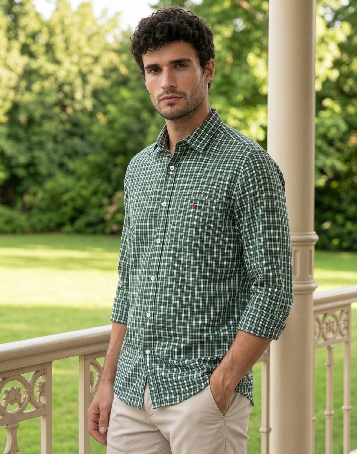 Image of LOUIS PHILIPPE Men Checkered Casual Green Shirt