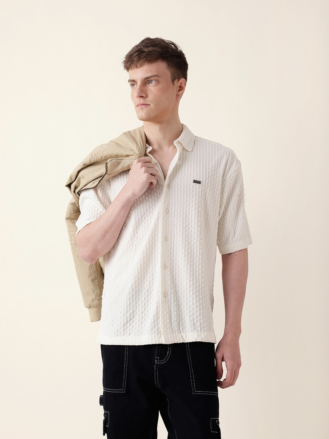 Image of THE BEAR HOUSE Men Self Design Casual White Shirt