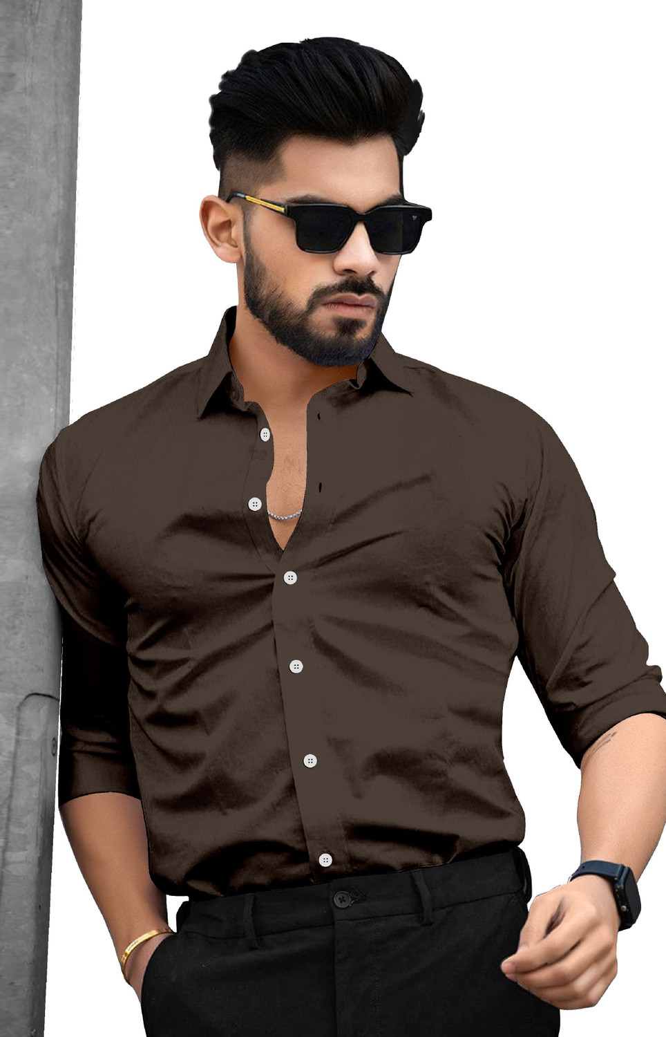 Image of SAADIWALA Men Solid Casual Black, Brown Shirt