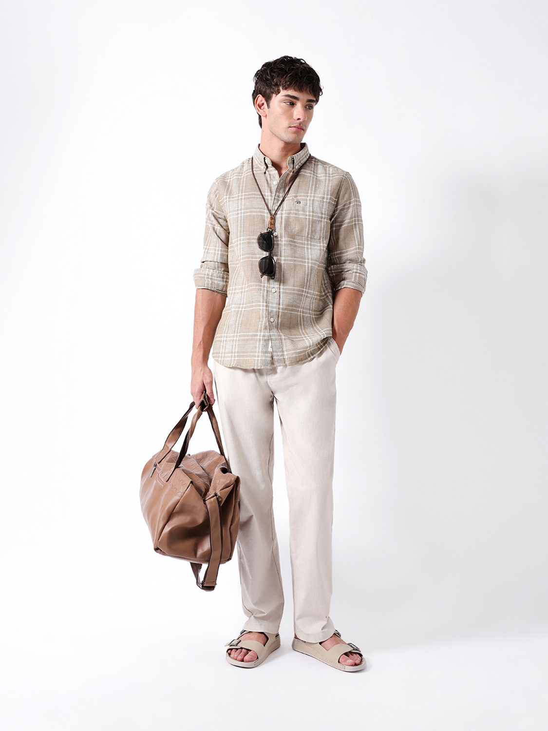Image of THE BEAR HOUSE Men Checkered Casual Brown Shirt